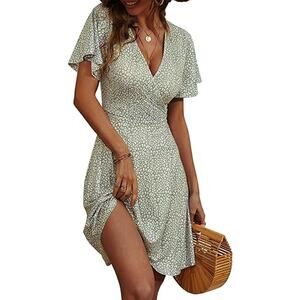 FENSACE Women's Sundress Floral Short Sleeve Wrap A-Line Midi Dress Size M